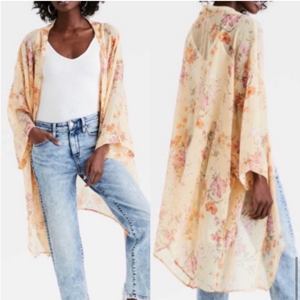 AMERICAN EAGLE floral chiffon open front kimono yellow cover-up cardigan…
